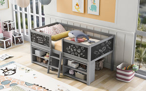 English Elm Twin Low Loft Bed with Built-In Ladder, Two Movable Shelves and Chalkboard Guardrail, Pine Frame Durable Design Gray WF312180AAE