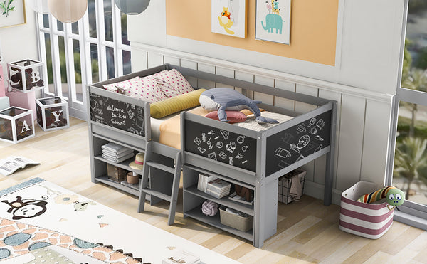 English Elm Twin Low Loft Bed with Built-In Ladder, Two Movable Shelves and Chalkboard Guardrail, Pine Frame Durable Design Gray WF312180AAE