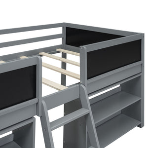 English Elm Twin Low Loft Bed with Built-In Ladder, Two Movable Shelves and Chalkboard Guardrail, Pine Frame Durable Design Gray WF312180AAE