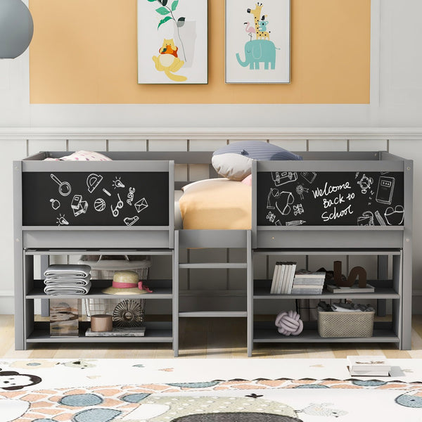 English Elm Twin Low Loft Bed with Built-In Ladder, Two Movable Shelves and Chalkboard Guardrail, Pine Frame Durable Design Gray WF312180AAE