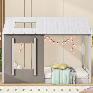English Elm Twin House Platform Bed with Roof & Window in White & Antique Grey – Pine/MDF Twin Frame, Cozy Playspace, 78.1"L x 55.4"H WF312208AAE