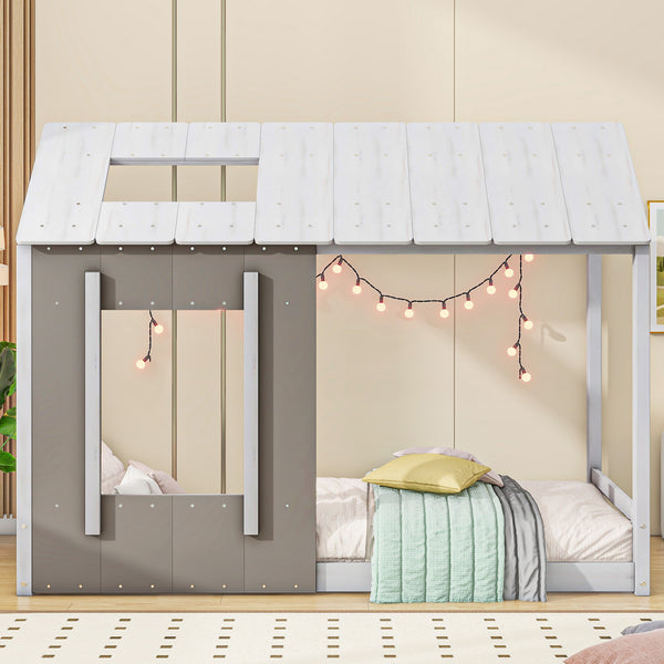 English Elm Twin House Platform Bed with Roof & Window in White & Antique Grey – Pine/MDF Twin Frame, Cozy Playspace, 78.1"L x 55.4"H WF312208AAE