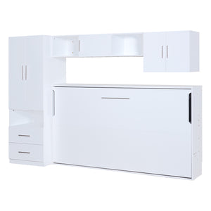 English Elm Twin Murphy Bed with Shelves Drawers Wardrobe & Fold-Down Desk White — Space-Saving Modern Guest Solution GX002022AAK