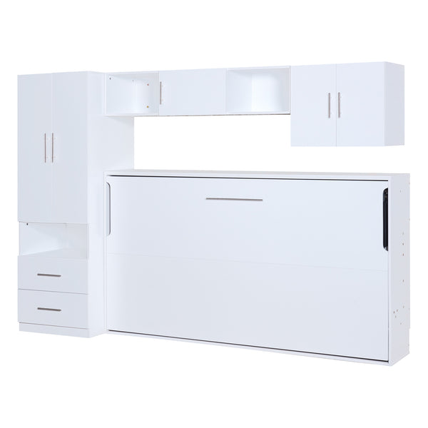 English Elm Twin Murphy Bed with Shelves Drawers Wardrobe & Fold-Down Desk White — Space-Saving Modern Guest Solution GX002022AAK
