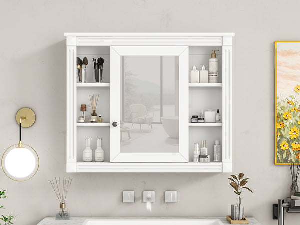 English Elm 35'' Modern Medicine Cabinet with Mirror and Towel Rod, MDF Wall-Mounted Bathroom Storage with Adjustable Shelves and Soft-Close Hinges White WF305081AAK
