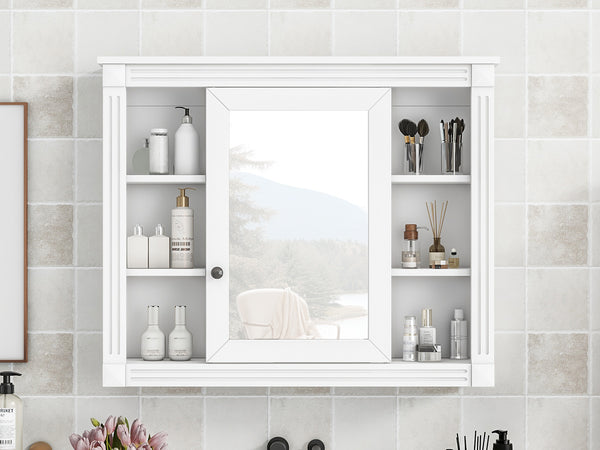 English Elm 35'' Modern Medicine Cabinet with Mirror and Towel Rod, MDF Wall-Mounted Bathroom Storage with Adjustable Shelves and Soft-Close Hinges White WF305081AAK
