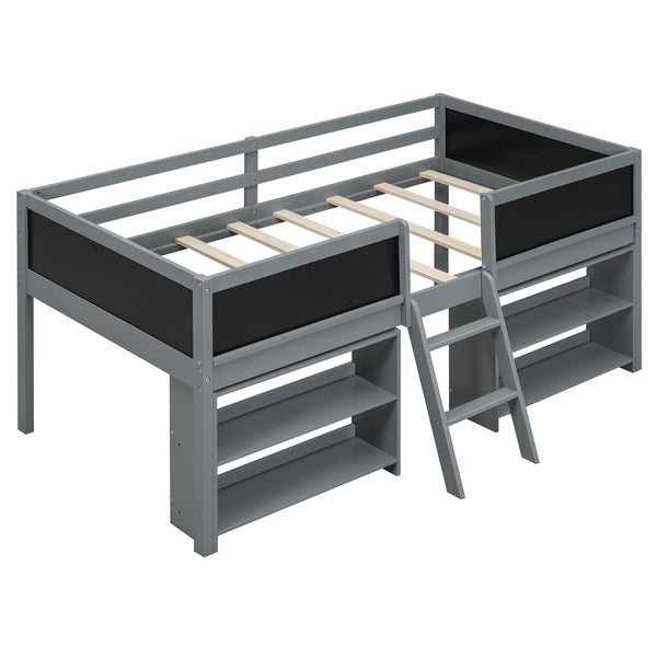 English Elm Twin Low Loft Bed with Built-In Ladder, Two Movable Shelves and Chalkboard Guardrail, Pine Frame Durable Design Gray WF312180AAE
