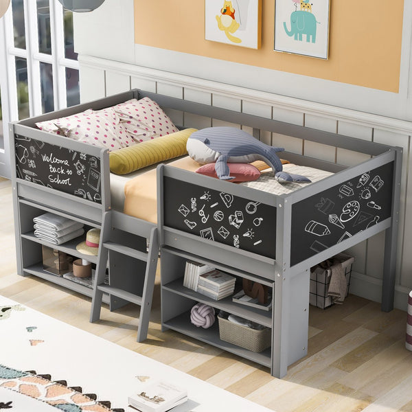 English Elm Twin Low Loft Bed with Built-In Ladder, Two Movable Shelves and Chalkboard Guardrail, Pine Frame Durable Design Gray WF312180AAE