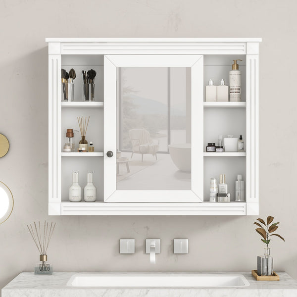 English Elm 35'' Modern Medicine Cabinet with Mirror and Towel Rod, MDF Wall-Mounted Bathroom Storage with Adjustable Shelves and Soft-Close Hinges White WF305081AAK