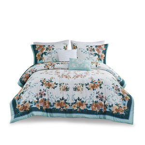 English Elm Full/Queen Cotton Floral Comforter Set with Pleated Embroidered Throw Pillows, Teal Garden Chic Bedding B035128865