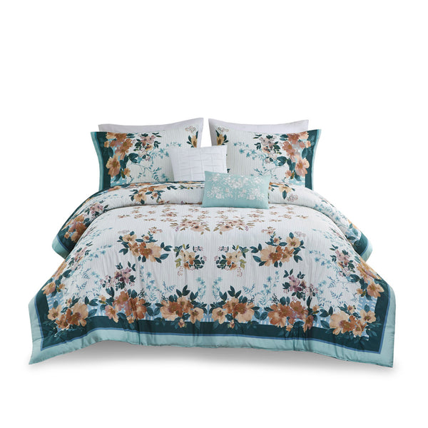 English Elm King/Cal King Floral Cotton Comforter Set 5-Piece Shabby Chic Teal Garden Stripes with Pillows B035128864