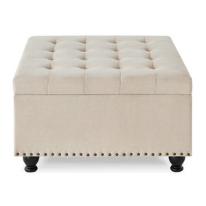 English Elm Large Tufted Faux Leather Storage Ottoman with Brass Nail Trim and Spindle Legs Beige W2186142955