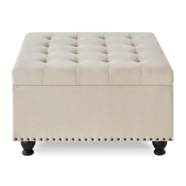 English Elm Large Tufted Faux Leather Storage Ottoman with Brass Nail Trim and Spindle Legs Beige W2186142955