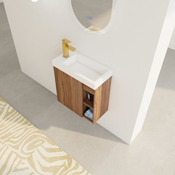 English Elm 20'' Floating Wall-Mounted Vanity with Resin Sink, Soft-Close Door & Open Shelves for Compact Baths Walnut W999P143199