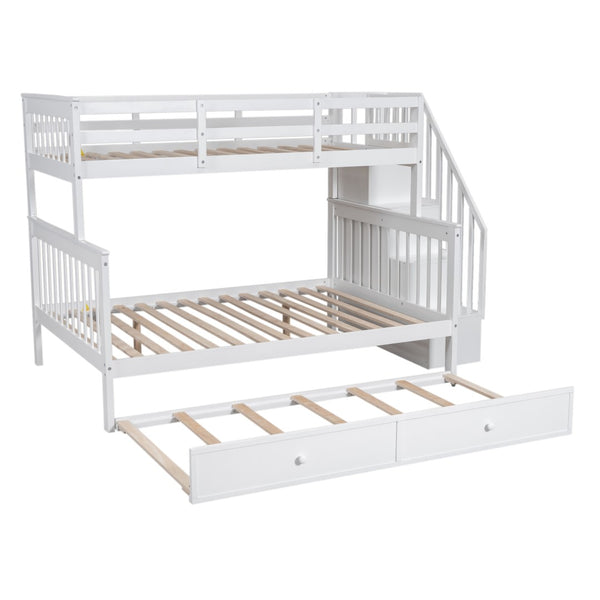 English Elm Stairway Twin Over Full Bunk Bed with Trundle Stair Storage and Guard Rail White LT000119AAK-1