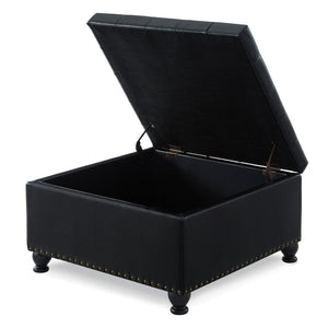 English Elm Large Tufted Faux Leather Storage Ottoman with Brass Nail Trim and Spindle Legs W2186142958