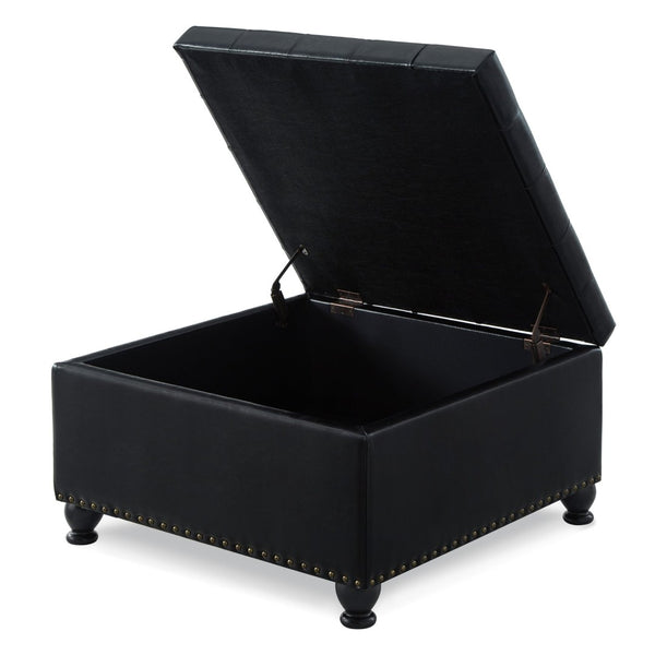 English Elm Large Tufted Faux Leather Storage Ottoman with Brass Nail Trim and Spindle Legs W2186142958