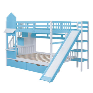 English Elm Full-over-full Castle Bunk Bed with Slide Drawers Shelves Pinewood Kids Frame LT000558AAC-1