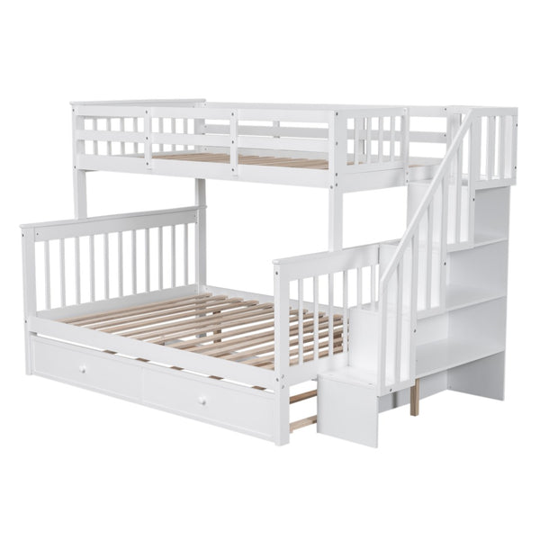 English Elm Stairway Twin Over Full Bunk Bed with Trundle Stair Storage and Guard Rail White LT000119AAK-1