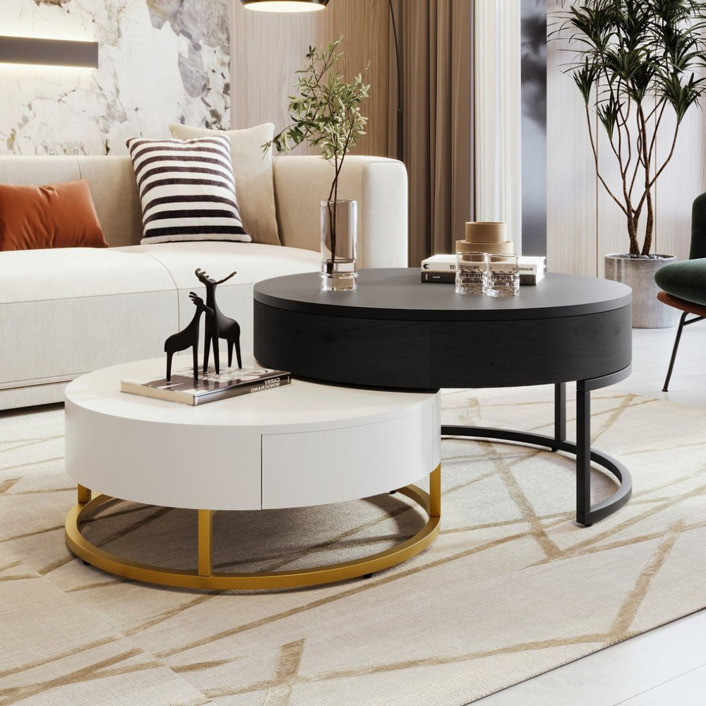 English Elm Modern Round Nesting Coffee Table Set with Lift Top Hydraulic Storage and Gold Pedestal CH307475AAB
