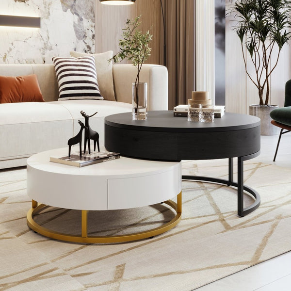 English Elm Modern Round Nesting Coffee Table Set with Lift Top Hydraulic Storage and Gold Pedestal CH307475AAB