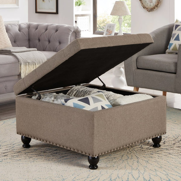English Elm Large Tufted Faux Leather Storage Ottoman with Brass Nail Trim and Spindle Legs Linen W2186142956