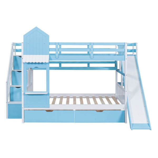 English Elm Full-over-full Castle Bunk Bed with Slide Drawers Shelves Pinewood Kids Frame LT000558AAC-1