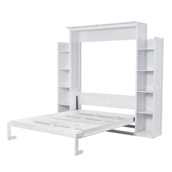 English Elm Queen Murphy Wall Bed with Side Shelving and Led Strip Light for Studio Spaces LP000695AAK