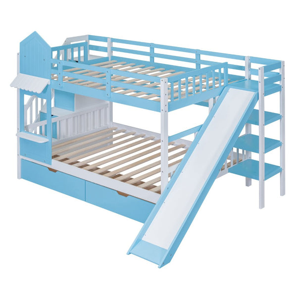 English Elm Full-over-full Castle Bunk Bed with Slide Drawers Shelves Pinewood Kids Frame LT000558AAC-2