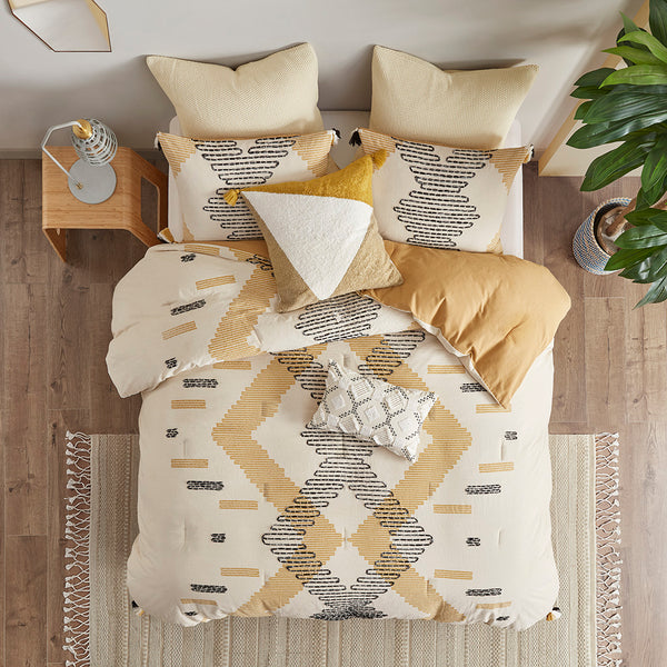 English Elm Full/Queen INK+IVY Arizona 3-Pc Cotton Comforter Set Yellow Grey Geometric with Tassels & Embroidery B035128783