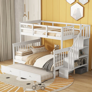 English Elm Stairway Twin Over Full Bunk Bed with Trundle Stair Storage and Guard Rail White LT000119AAK-1