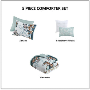English Elm Full/Queen Cotton Floral Comforter Set with Pleated Embroidered Throw Pillows, Teal Garden Chic Bedding B035128865