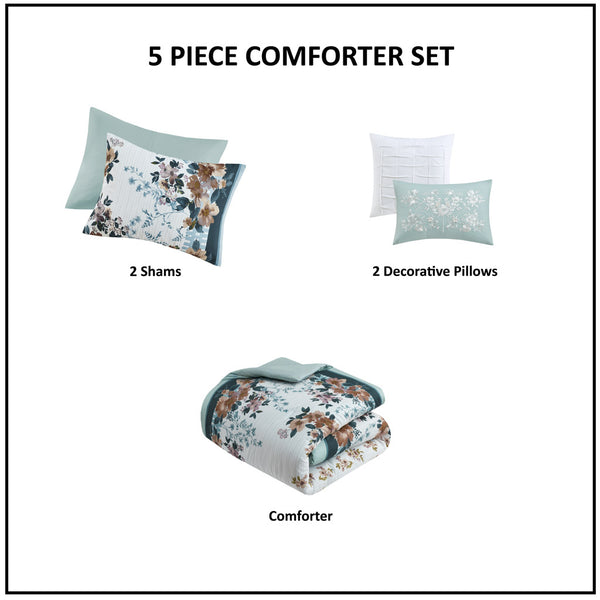English Elm King/Cal King Floral Cotton Comforter Set 5-Piece Shabby Chic Teal Garden Stripes with Pillows B035128864