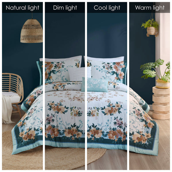 English Elm King/Cal King Floral Cotton Comforter Set 5-Piece Shabby Chic Teal Garden Stripes with Pillows B035128864