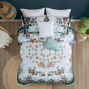 English Elm Full/Queen Cotton Floral Comforter Set with Pleated Embroidered Throw Pillows, Teal Garden Chic Bedding B035128865