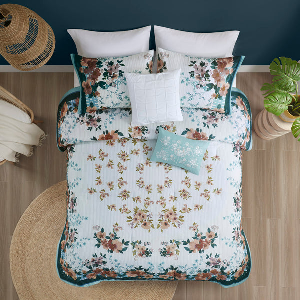 English Elm Full/Queen Cotton Floral Comforter Set with Pleated Embroidered Throw Pillows, Teal Garden Chic Bedding B035128865