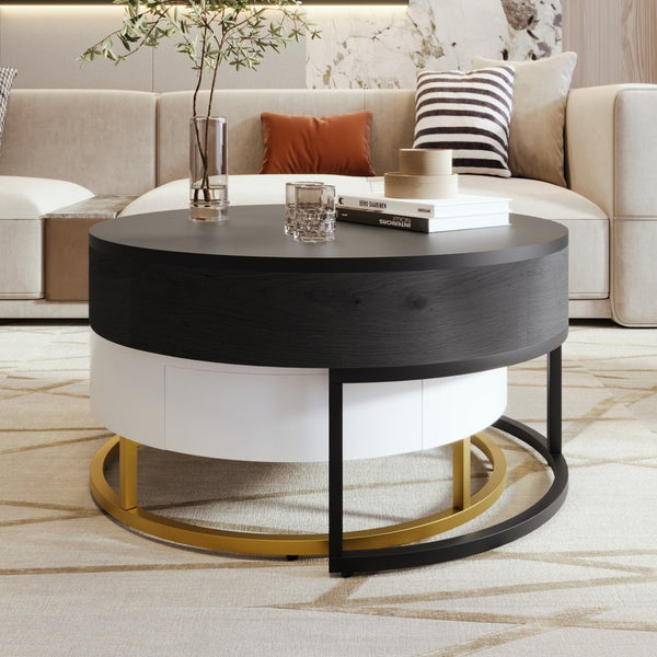 English Elm Modern Round Nesting Coffee Table Set with Lift Top Hydraulic Storage and Gold Pedestal CH307475AAB