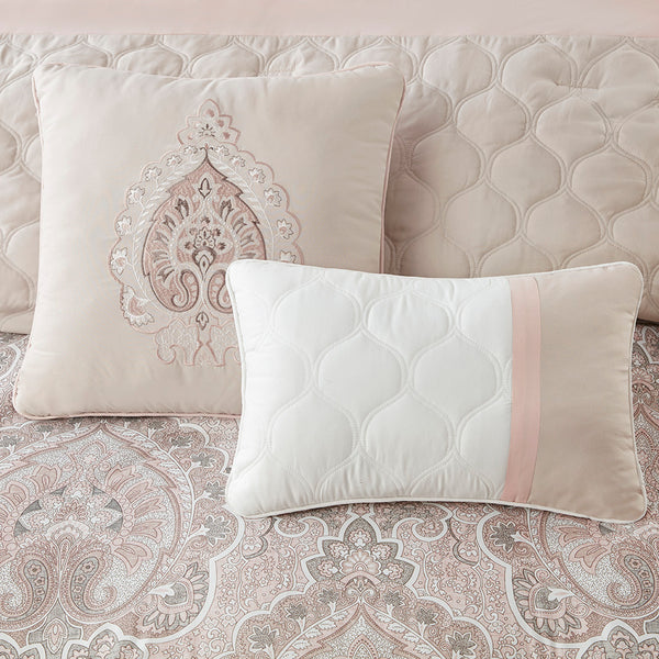 English Elm Queen Shawnee 8-Piece Comforter Set - Blush Taupe Damask Quilted Microfiber, Hypoallergenic Luxury B03594924
