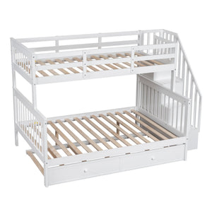 English Elm Stairway Twin Over Full Bunk Bed with Trundle Stair Storage and Guard Rail White LT000119AAK-1