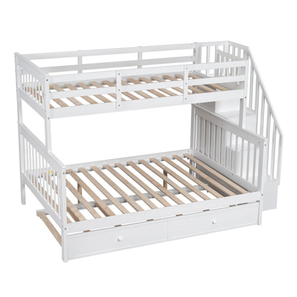 English Elm Stairway Twin Over Full Bunk Bed with Trundle Stair Storage and Guard Rail White LT000119AAK-1
