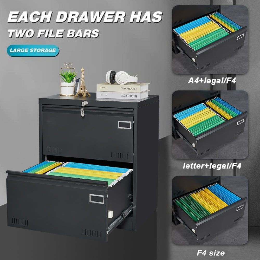 English Elm 2 Drawer Locking Metal File Cabinet Matte Black Powder Coat for Modern Home Office W1247P160450