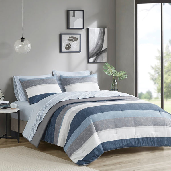 English Elm Stripe Comforter Set With Sheets - Modern Blue/Grey Cal King Bedding For A Stylish Bedroom Makeover B03599096-GIGA