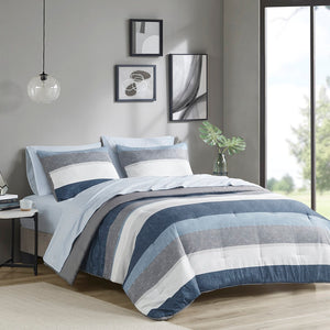 English Elm Stripe Comforter Set With Sheets In Blue And Grey – Full Size, Soft Microfiber, Stylish Stripes B03599093-GIGA
