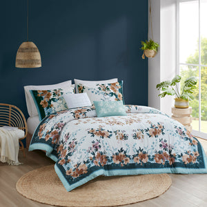 English Elm King/Cal King Floral Cotton Comforter Set 5-Piece Shabby Chic Teal Garden Stripes with Pillows B035128864