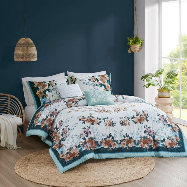 English Elm King/Cal King Floral Cotton Comforter Set 5-Piece Shabby Chic Teal Garden Stripes with Pillows B035128864