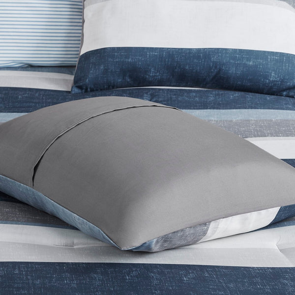 English Elm Stripe Comforter Set With Sheets - Modern Blue/Grey Cal King Bedding For A Stylish Bedroom Makeover B03599096-GIGA