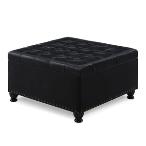 English Elm Large Tufted Faux Leather Storage Ottoman with Brass Nail Trim and Spindle Legs W2186142958