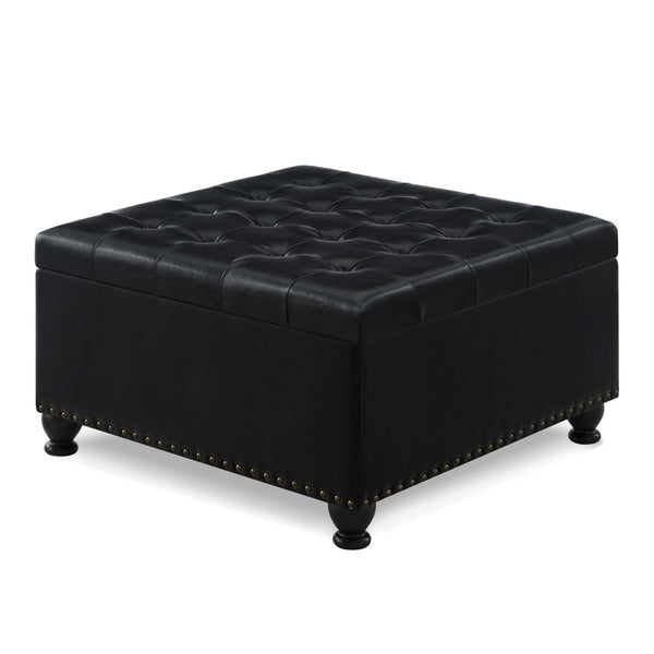 English Elm Large Tufted Faux Leather Storage Ottoman with Brass Nail Trim and Spindle Legs W2186142958