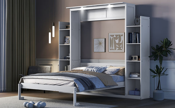 English Elm Queen Murphy Wall Bed with Side Shelving and Led Strip Light for Studio Spaces LP000695AAK