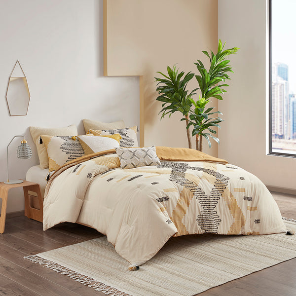 English Elm Full/Queen INK+IVY Arizona 3-Pc Cotton Comforter Set Yellow Grey Geometric with Tassels & Embroidery B035128783